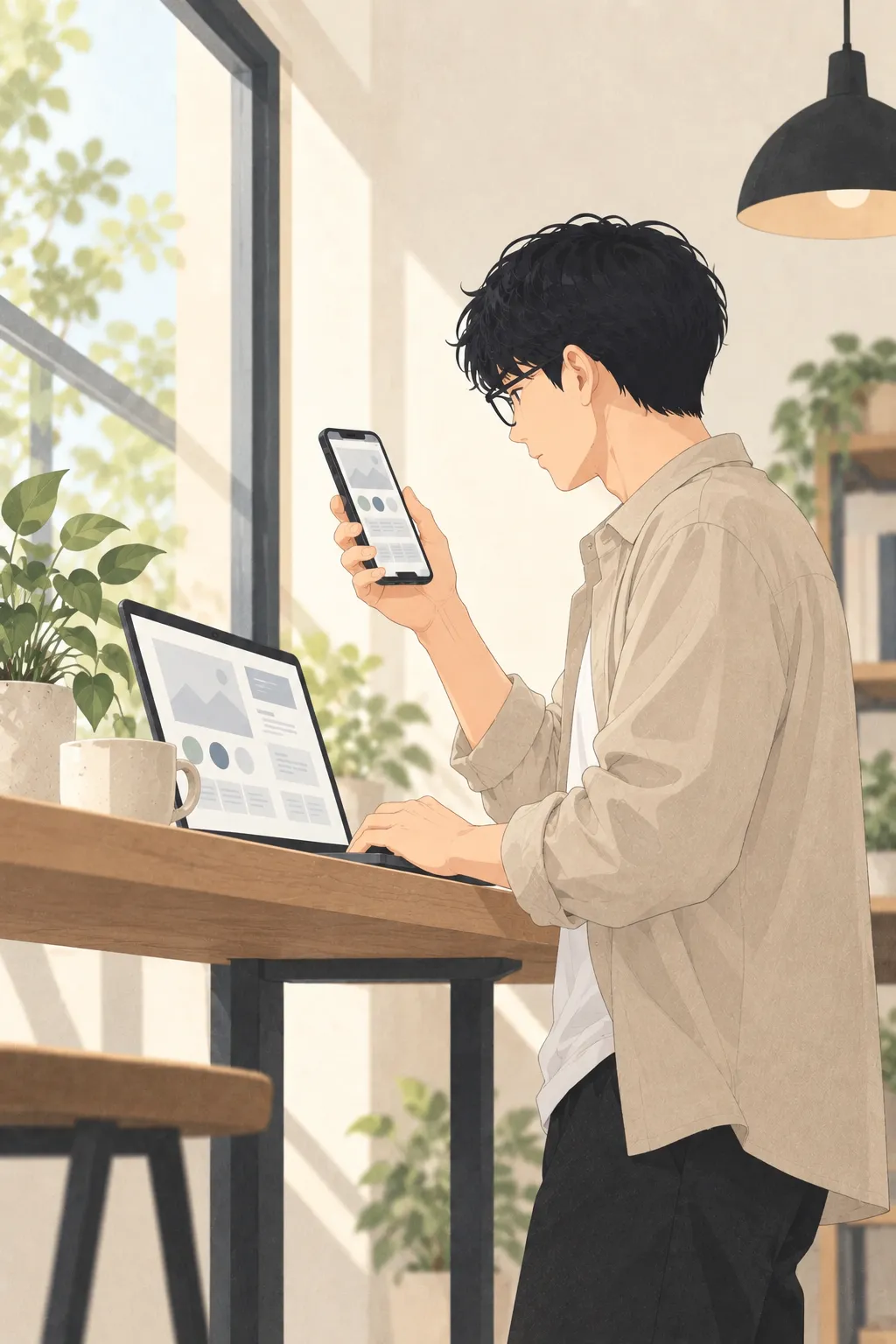 パソコンとスマートフォンでWebサイトの表示を確認しているイラスト