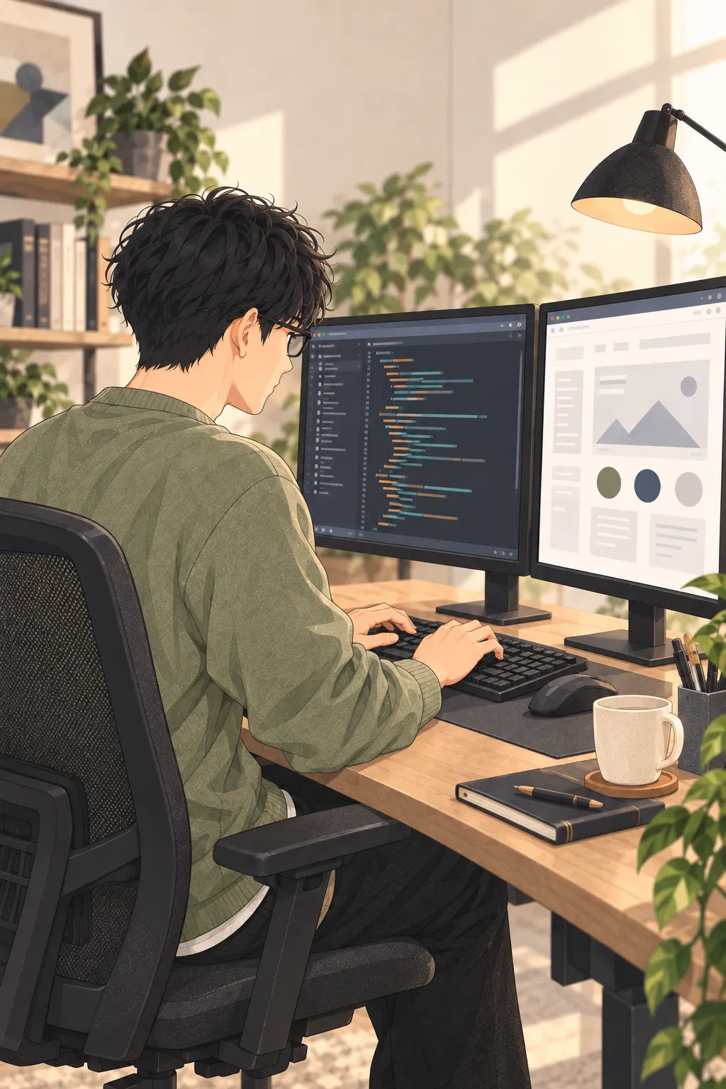複数のモニターを使ってWebサイトを実装しているイラスト