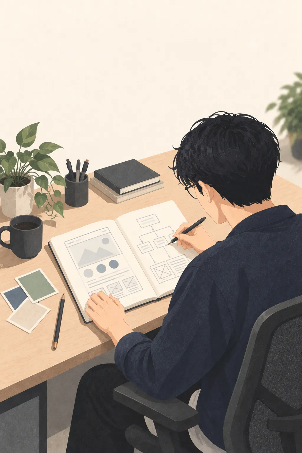 ノートに画面構成と業務フローを書きながら企画しているイラスト
