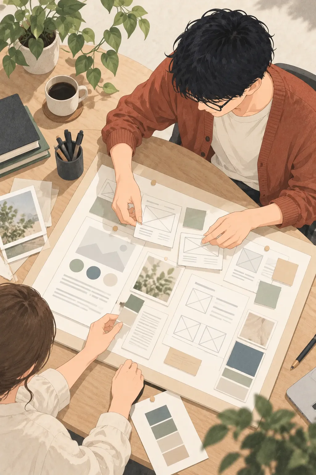 タブレットを見ながらお客様と相談しているイラスト