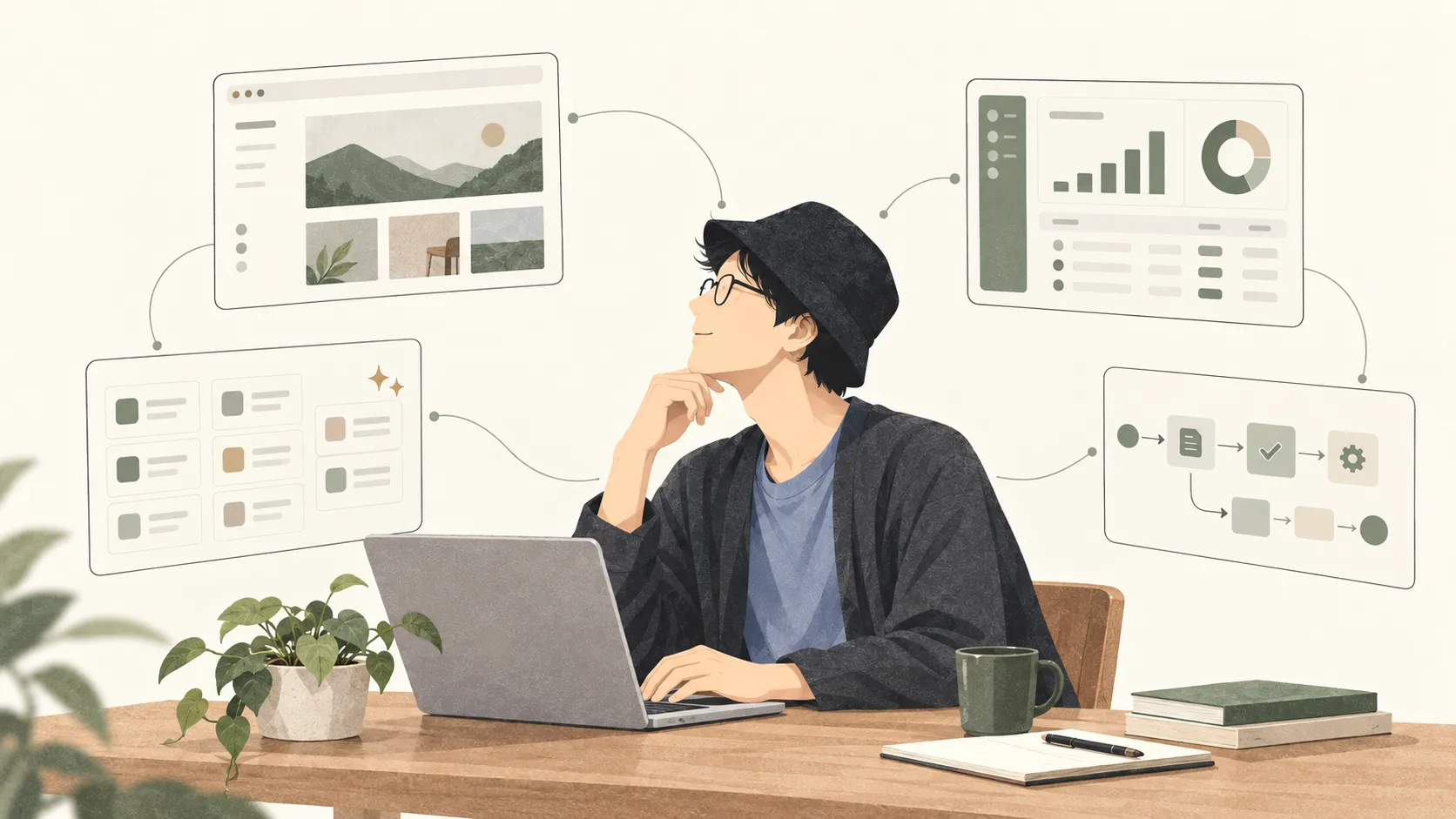 Webサイト、業務管理、分析、自動化を横断して仕事を進める人物のイラスト